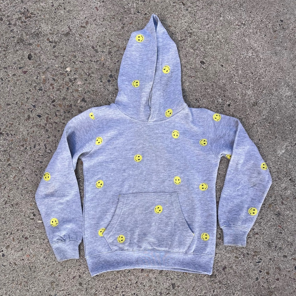 😃SMILE😃 Smiley Face Hoodie All Over Logo Pocket Size 10/12 Crown of Hearts